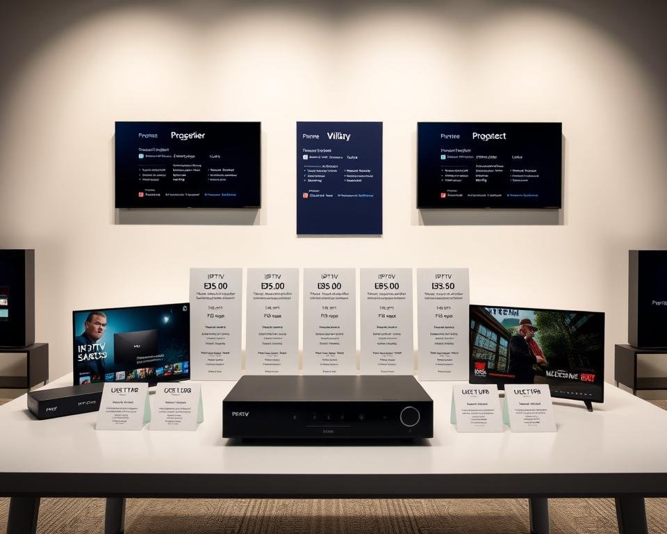 A beautifully lit studio shot showcasing various IPTV subscription plans. In the foreground, a sleek, modern table displays an array of digital devices, each representing different plan tiers. The middle ground features product information cards detailing the features and pricing of each plan, arranged in a clean, organized manner. The background is a minimalist, softly-lit setting with a subtle gradient, creating a sense of depth and professionalism. The overall composition conveys a high-quality, premium experience, perfectly suited to highlight the Xtreme HD IPTV USA subscription plans.