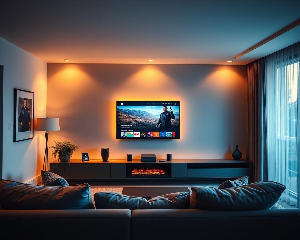A breathtaking view of a modern living room, illuminated by soft, warm lighting that casts a cozy glow. In the foreground, a sleek, wall-mounted TV showcases vibrant, crystal-clear IPTV entertainment, with a variety of channels and on-demand content. In the middle ground, a comfortable sofa invites viewers to sit back and enjoy the immersive experience. The background features a minimalist, yet stylish decor, with clean lines and muted tones that create a serene and inviting atmosphere. The overall scene conveys the key benefits of IPTV in the United States - a seamless, high-quality entertainment experience that elevates the home viewing experience. A breathtaking view of a modern living room, illuminated by soft, warm lighting that casts a cozy glow. In the foreground, a sleek, wall-mounted TV showcases vibrant, crystal-clear IPTV entertainment, with a variety of channels and on-demand content. In the middle ground, a comfortable sofa invites viewers to sit back and enjoy the immersive experience. The background features a minimalist, yet stylish decor, with clean lines and muted tones that create a serene and inviting atmosphere. The overall scene conveys the key benefits of IPTV in the United States - a seamless, high-quality entertainment experience that elevates the home viewing experience.