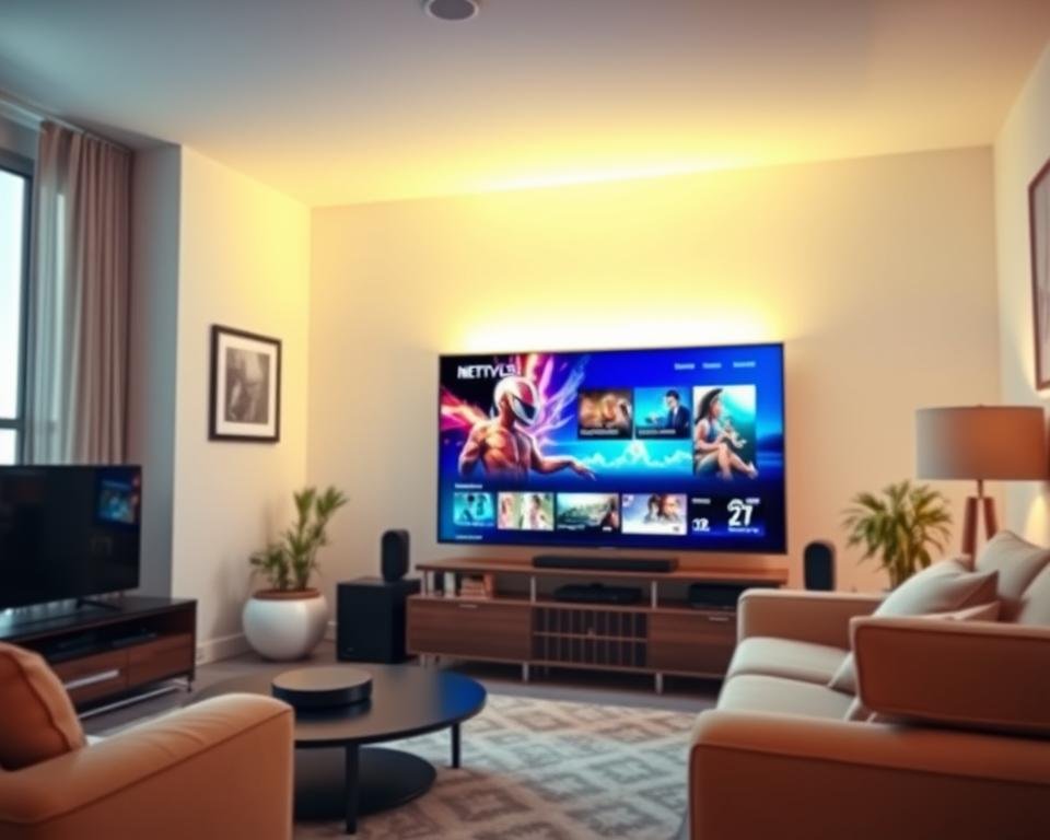 A brightly lit living room, filled with modern entertainment devices. In the center, a sleek smart TV displays a vibrant, high-definition IPTV stream, showcasing crystal-clear video and rich audio. The room's ambient lighting casts a warm, inviting glow, complementing the TV's vibrant display. The camera angle captures the TV from a slightly elevated perspective, emphasizing its central role in the scene. The room's decor is minimal and stylish, with clean lines and neutral tones, allowing the TV's performance to take center stage. An air of technological sophistication pervades the scene, hinting at the reliable, high-quality IPTV experience on offer. A brightly lit living room, filled with modern entertainment devices. In the center, a sleek smart TV displays a vibrant, high-definition IPTV stream, showcasing crystal-clear video and rich audio. The room's ambient lighting casts a warm, inviting glow, complementing the TV's vibrant display. The camera angle captures the TV from a slightly elevated perspective, emphasizing its central role in the scene. The room's decor is minimal and stylish, with clean lines and neutral tones, allowing the TV's performance to take center stage. An air of technological sophistication pervades the scene, hinting at the reliable, high-quality IPTV experience on offer.