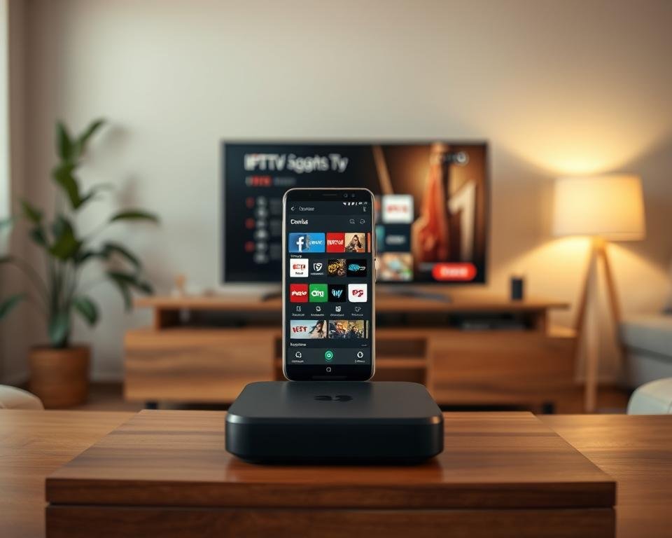 A budget-friendly IPTV service in a cozy, modern living room setting. In the foreground, a sleek Android TV box sits atop a minimalist wooden TV stand, its simple yet elegant design reflecting the affordable nature of the service. In the middle ground, a smartphone or tablet displays the IPTV service's user interface, showcasing its user-friendly navigation and extensive channel selection. The background features a warm, diffused lighting that creates a relaxed atmosphere, with subtle hints of greenery and natural textures to evoke a sense of comfort and affordability. The overall composition conveys the idea of an accessible, high-quality IPTV experience that fits within a tight budget.
