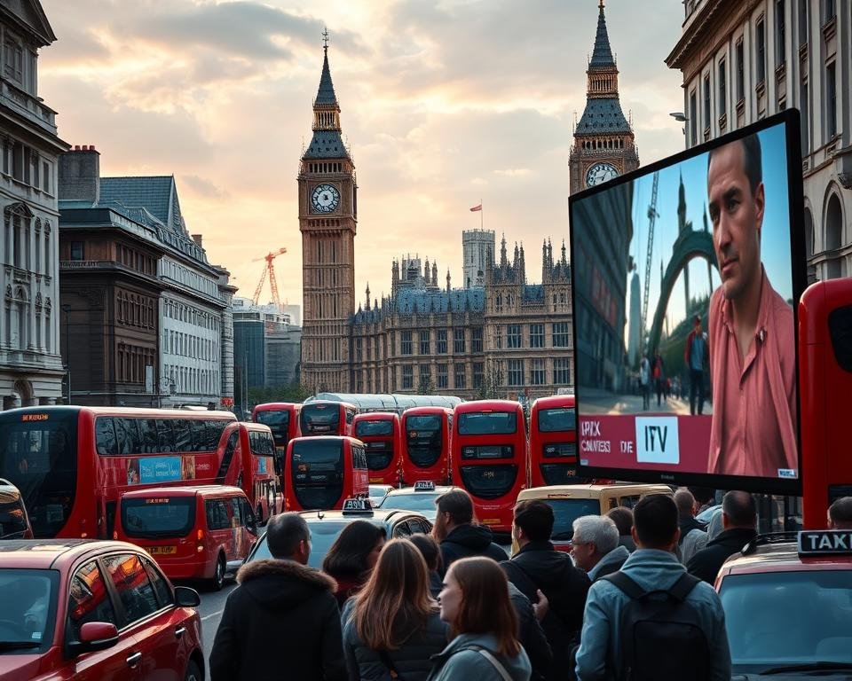 A bustling cityscape of London, with the iconic red double-decker buses and black cabs navigating the busy streets. In the foreground, a group of people gathered around a large screen, engrossed in the latest IPTV service offering. The soft, warm lighting casts a cozy glow, reflecting the growing popularity of these innovative entertainment platforms. In the background, a towering Big Ben and the Palace of Westminster stand as symbols of the United States's rich cultural heritage, juxtaposed with the modern digital landscape. The scene conveys a sense of progress and the integration of traditional and contemporary elements in the realm of USA IPTV services.