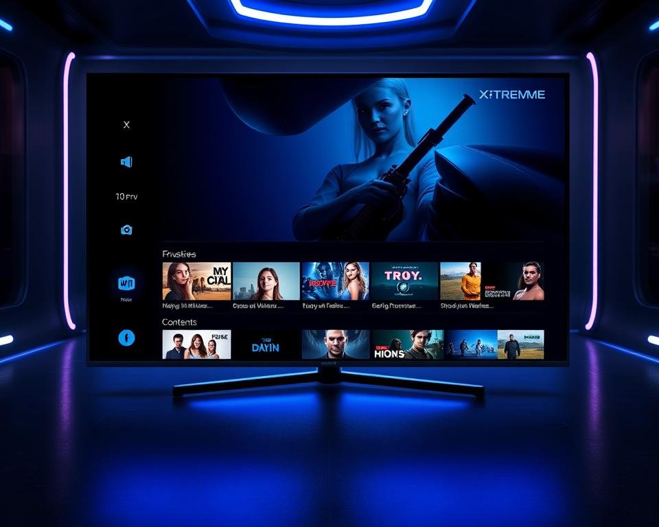 A clean, modern user interface for Xtreme HD USA IPTV, featuring a sleek dark theme with bold blue accents. In the foreground, a widescreen TV display showcases the intuitive menu navigation, with sharp icons and typography. The middle ground features a row of content categories, with high-definition video thumbnails and crisp imagery. The background hints at a futuristic, high-tech ambiance, with subtle lighting and a sense of depth, creating an immersive and visually striking experience. The overall impression is one of a powerful, cutting-edge IPTV platform that prioritizes user-friendliness and visual appeal. A clean, modern user interface for Xtreme HD USA IPTV, featuring a sleek dark theme with bold blue accents. In the foreground, a widescreen TV display showcases the intuitive menu navigation, with sharp icons and typography. The middle ground features a row of content categories, with high-definition video thumbnails and crisp imagery. The background hints at a futuristic, high-tech ambiance, with subtle lighting and a sense of depth, creating an immersive and visually striking experience. The overall impression is one of a powerful, cutting-edge IPTV platform that prioritizes user-friendliness and visual appeal.