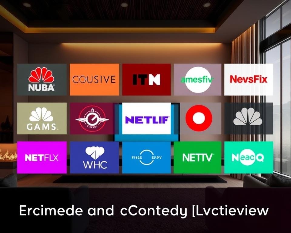 A collection of premium US TV channel logos arranged in a visually striking grid layout, positioned against a backdrop of a sleek, modern living room setting with warm lighting and a minimal, sophisticated design. The channels should be clearly visible and recognizable, with a sense of premium quality and exclusivity. The overall composition should convey a sense of high-end entertainment and a curated content library, reflecting the section title "Channel Selection and Content Library Overview".