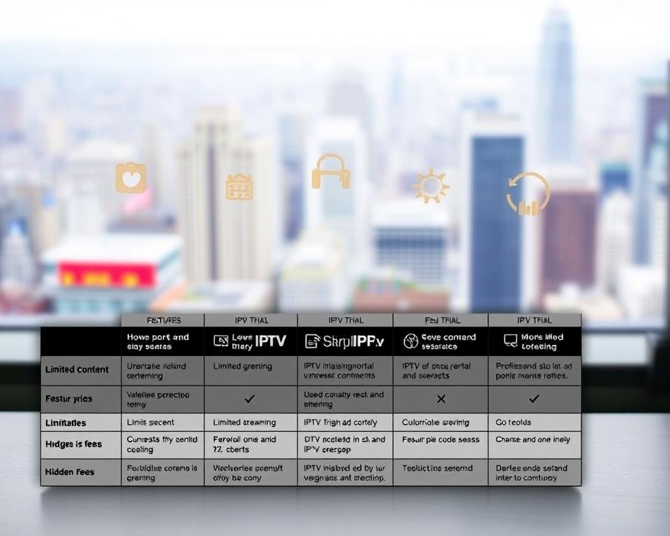 A comparative analysis of IPTV trial options, showcasing the potential cons to consider before subscribing. In the foreground, a table displaying the features and limitations of various IPTV trials, presented in a clean, minimalist style. The middle ground features icons and symbols representing the potential drawbacks, such as limited content, unreliable streaming, and hidden fees. The background is a soft, blurred cityscape, hinting at the broader context of the IPTV landscape. The overall mood is one of thoughtful evaluation, with a focus on informing the reader's decision-making process. A comparative analysis of IPTV trial options, showcasing the potential cons to consider before subscribing. In the foreground, a table displaying the features and limitations of various IPTV trials, presented in a clean, minimalist style. The middle ground features icons and symbols representing the potential drawbacks, such as limited content, unreliable streaming, and hidden fees. The background is a soft, blurred cityscape, hinting at the broader context of the IPTV landscape. The overall mood is one of thoughtful evaluation, with a focus on informing the reader's decision-making process.