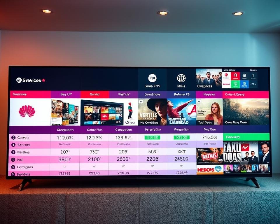 A comprehensive side-by-side comparison of the top IPTV providers in the USA, showcased in a sleek, modern layout. The foreground features distinct service icons, subscription plan details, and performance metrics presented in a clean grid format. The middle ground displays product screenshots and UI elements, highlighting the user experience. The background showcases the diverse content libraries and device compatibility, creating a sense of the providers' capabilities. The lighting is warm and balanced, with a soft focus that draws the eye to the key details. The overall mood is informative, yet visually appealing, guiding the viewer through the USA IPTV market landscape. A comprehensive side-by-side comparison of the top IPTV providers in the USA, showcased in a sleek, modern layout. The foreground features distinct service icons, subscription plan details, and performance metrics presented in a clean grid format. The middle ground displays product screenshots and UI elements, highlighting the user experience. The background showcases the diverse content libraries and device compatibility, creating a sense of the providers' capabilities. The lighting is warm and balanced, with a soft focus that draws the eye to the key details. The overall mood is informative, yet visually appealing, guiding the viewer through the USA IPTV market landscape.