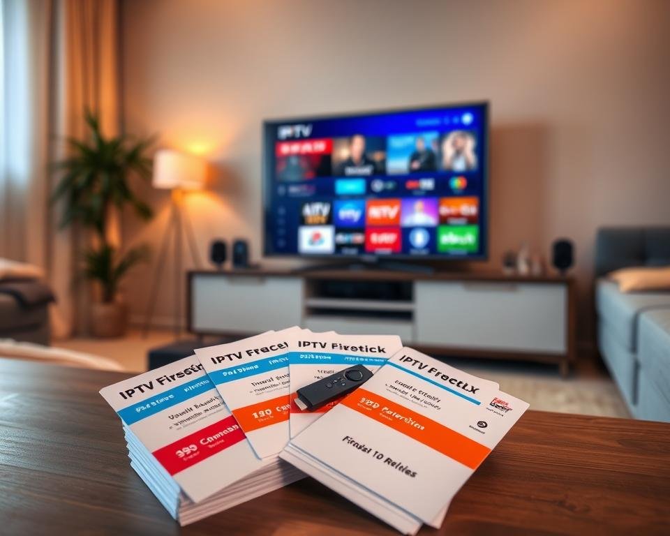 A cozy living room setting, with a Firestick device prominently displayed on a sleek media console. The room is bathed in warm, diffused lighting, creating a welcoming atmosphere. In the foreground, a stack of budget-friendly IPTV subscription cards with various pricing options and service details are neatly arranged, showcasing the affordability and accessibility of these streaming solutions for USA Firestick users. The middle ground features a compact, high-quality television screen displaying a visually appealing IPTV interface, hinting at the extensive content and reliable performance these budget-friendly options can provide. The background subtly suggests a modern, minimalist home decor style, emphasizing the seamless integration of these IPTV services into the everyday living space. A cozy living room setting, with a Firestick device prominently displayed on a sleek media console. The room is bathed in warm, diffused lighting, creating a welcoming atmosphere. In the foreground, a stack of budget-friendly IPTV subscription cards with various pricing options and service details are neatly arranged, showcasing the affordability and accessibility of these streaming solutions for USA Firestick users. The middle ground features a compact, high-quality television screen displaying a visually appealing IPTV interface, hinting at the extensive content and reliable performance these budget-friendly options can provide. The background subtly suggests a modern, minimalist home decor style, emphasizing the seamless integration of these IPTV services into the everyday living space.