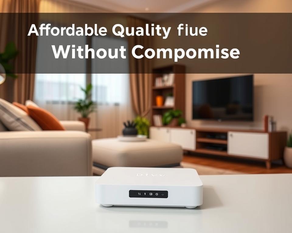 A cozy living room with a comfortable sofa, a sleek TV stand, and a modern IPTV device prominently displayed. The room is bathed in warm, soft lighting, creating a welcoming atmosphere. In the background, a bookshelf and a few potted plants add to the homely, inviting vibe. The IPTV device is showcased in the foreground, its minimalist design and premium appearance suggesting a high-quality, yet affordable, streaming service. The overall scene conveys a sense of relaxation and enjoyment, reflecting the "Affordable Quality Without Compromise" theme. A cozy living room with a comfortable sofa, a sleek TV stand, and a modern IPTV device prominently displayed. The room is bathed in warm, soft lighting, creating a welcoming atmosphere. In the background, a bookshelf and a few potted plants add to the homely, inviting vibe. The IPTV device is showcased in the foreground, its minimalist design and premium appearance suggesting a high-quality, yet affordable, streaming service. The overall scene conveys a sense of relaxation and enjoyment, reflecting the "Affordable Quality Without Compromise" theme.