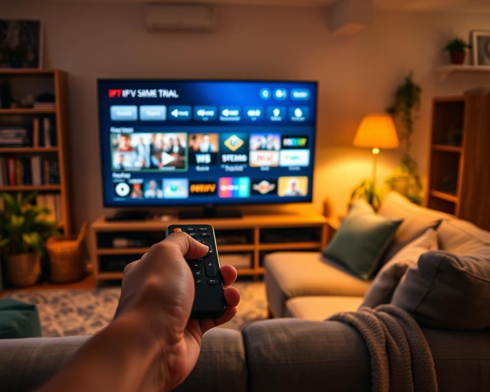 A cozy living room with a comfortable sofa and a large TV screen displaying an IPTV user interface. The screen shows a variety of streaming channels and on-demand content options. In the foreground, a person's hand is holding a remote control, ready to explore the free trial. Warm, inviting lighting illuminates the scene, creating a relaxed and enjoyable atmosphere. The background features a bookshelf and potted plants, adding a sense of homeliness. The overall composition conveys the ease and convenience of experiencing a free IPTV trial in the comfort of one's own space.