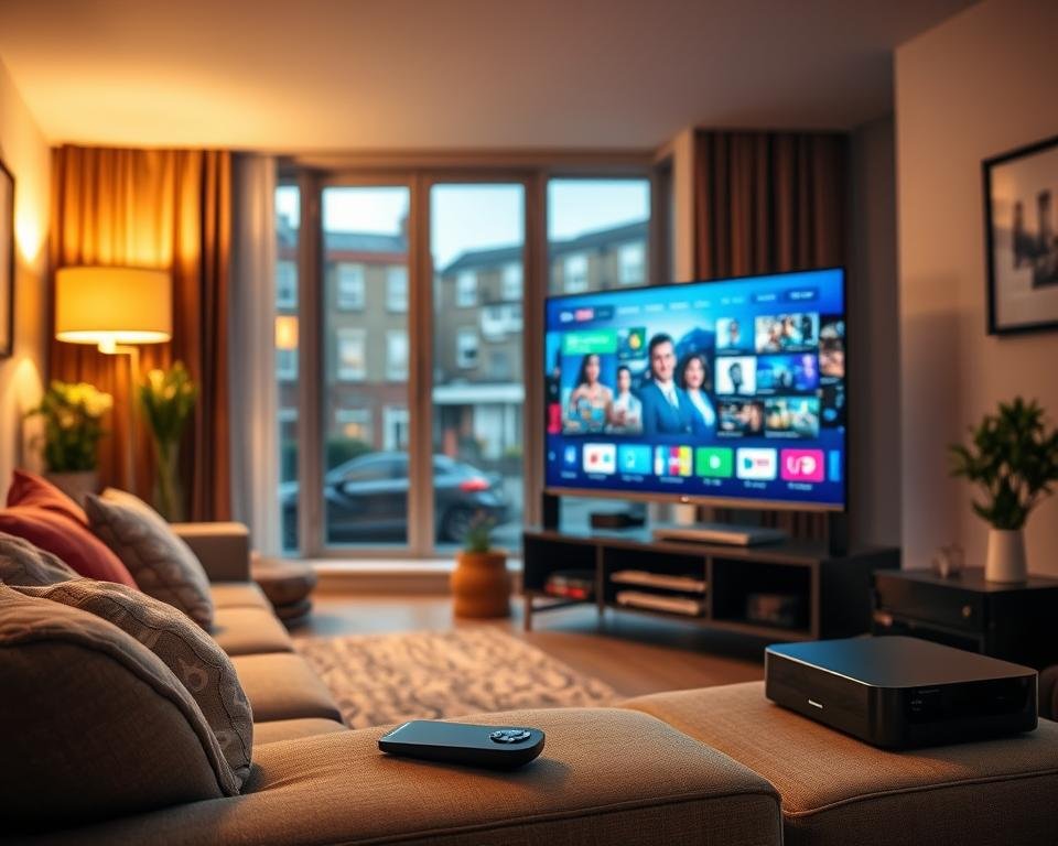 A cozy living room with a high-quality 4K IPTV setup. In the foreground, a modern LED TV displays crisp, vibrant visuals. Surrounding it, sleek media devices and a sophisticated remote control suggest a seamless, user-friendly experience. The middle ground features a comfortable, plush sofa inviting viewers to settle in. Warm, diffused lighting creates a relaxing ambiance, while large windows in the background offer a view of a bustling USA neighborhood, hinting at the convenience of IPTV for households. A cozy living room with a high-quality 4K IPTV setup. In the foreground, a modern LED TV displays crisp, vibrant visuals. Surrounding it, sleek media devices and a sophisticated remote control suggest a seamless, user-friendly experience. The middle ground features a comfortable, plush sofa inviting viewers to settle in. Warm, diffused lighting creates a relaxing ambiance, while large windows in the background offer a view of a bustling USA neighborhood, hinting at the convenience of IPTV for households.