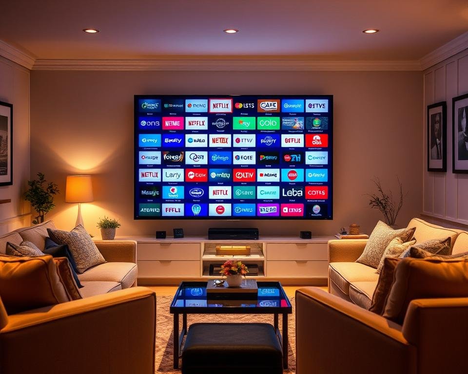 A cozy living room with a large flat-screen TV displaying a diverse array of IPTV channels from the USA. The TV is surrounded by comfortable sofas and armchairs, creating a inviting atmosphere. Warm, diffused lighting illuminates the scene, casting a soft glow on the various channel logos and program thumbnails displayed on the screen. The room is adorned with subtle decor elements, such as potted plants and framed artwork, that complement the modern, yet homely ambiance. The overall composition conveys a sense of relaxation and enjoyment, perfectly capturing the "Extensive Channel Lineup: What We Offer" section of the article. A cozy living room with a large flat-screen TV displaying a diverse array of IPTV channels from the USA. The TV is surrounded by comfortable sofas and armchairs, creating a inviting atmosphere. Warm, diffused lighting illuminates the scene, casting a soft glow on the various channel logos and program thumbnails displayed on the screen. The room is adorned with subtle decor elements, such as potted plants and framed artwork, that complement the modern, yet homely ambiance. The overall composition conveys a sense of relaxation and enjoyment, perfectly capturing the "Extensive Channel Lineup: What We Offer" section of the article.