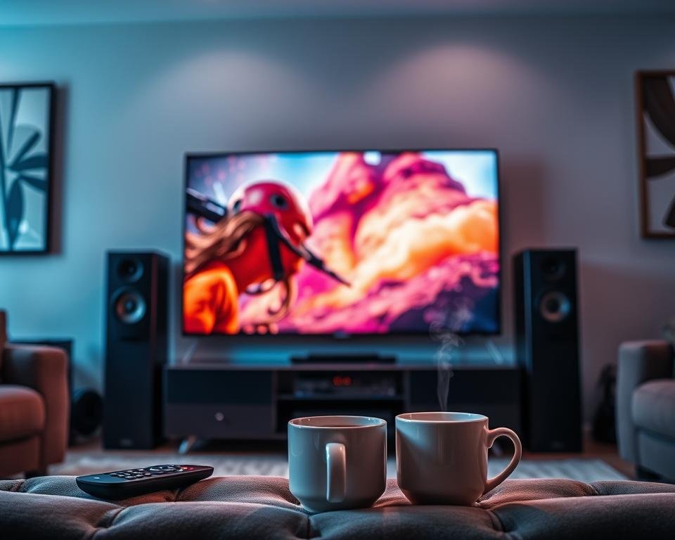 A cozy living room with a large flat-screen TV displaying vibrant, high-definition visuals. Soft, ambient lighting illuminates the scene, creating a comfortable and immersive atmosphere. The TV is flanked by sleek, modern audio equipment, hinting at the exceptional sound quality. In the foreground, a sophisticated remote control and a steaming mug of coffee suggest a leisurely, cinematic experience. The walls are adorned with abstract artwork, adding depth and character to the space. The overall composition conveys a sense of effortless, high-quality streaming, inviting the viewer to sink into the comfort of endless entertainment.