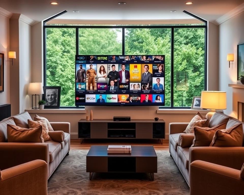 A cozy living room with a large flat-screen TV dominating the foreground, displaying a vibrant collection of popular USA television shows. Plush sofas and armchairs in neutral tones create a comfortable viewing space, while a sleek, modern entertainment system sits below the TV. Soft, warm lighting from lamps and sconces sets a relaxing mood, and a large window in the background offers a glimpse of a lush, green outdoor scene, hinting at the seamless integration of technology and nature. The overall atmosphere conveys the ease and convenience of accessing a wide variety of US TV content from the comfort of one's own home.