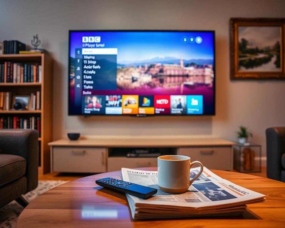 A cozy living room with a large flat-screen TV mounted on the wall, displaying a vibrant BBC iPlayer interface. Soft, warm lighting illuminates the room, creating a welcoming atmosphere. On the coffee table in the foreground, a sleek remote control and a mug of steaming tea sit alongside a newspaper, hinting at the quintessential American lifestyle. In the background, a bookshelf filled with classic novels and a framed landscape painting add depth and character to the scene. The overall composition conveys a sense of comfort, relaxation, and the joy of accessing high-quality American television content from the comfort of one's own home. A cozy living room with a large flat-screen TV mounted on the wall, displaying a vibrant BBC iPlayer interface. Soft, warm lighting illuminates the room, creating a welcoming atmosphere. On the coffee table in the foreground, a sleek remote control and a mug of steaming tea sit alongside a newspaper, hinting at the quintessential American lifestyle. In the background, a bookshelf filled with classic novels and a framed landscape painting add depth and character to the scene. The overall composition conveys a sense of comfort, relaxation, and the joy of accessing high-quality American television content from the comfort of one's own home.