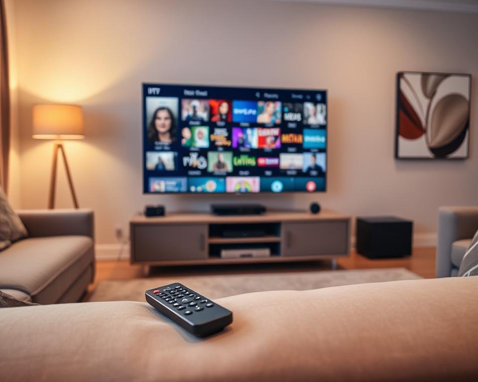 A cozy living room with a large flat-screen TV taking center stage, displaying an array of on-demand content from a USA IPTV service. The room is bathed in warm, soft lighting, creating a welcoming atmosphere. In the foreground, a sleek remote control lies on a plush, neutral-toned sofa, hinting at the user's ability to easily navigate the extensive library of shows, movies, and live channels. The middle ground features a modern, minimal entertainment unit housing various media devices, while the background showcases a tasteful piece of abstract art on the wall, complementing the room's overall aesthetic. The scene conveys a sense of comfort, convenience, and the wealth of entertainment options available through the USA IPTV service.