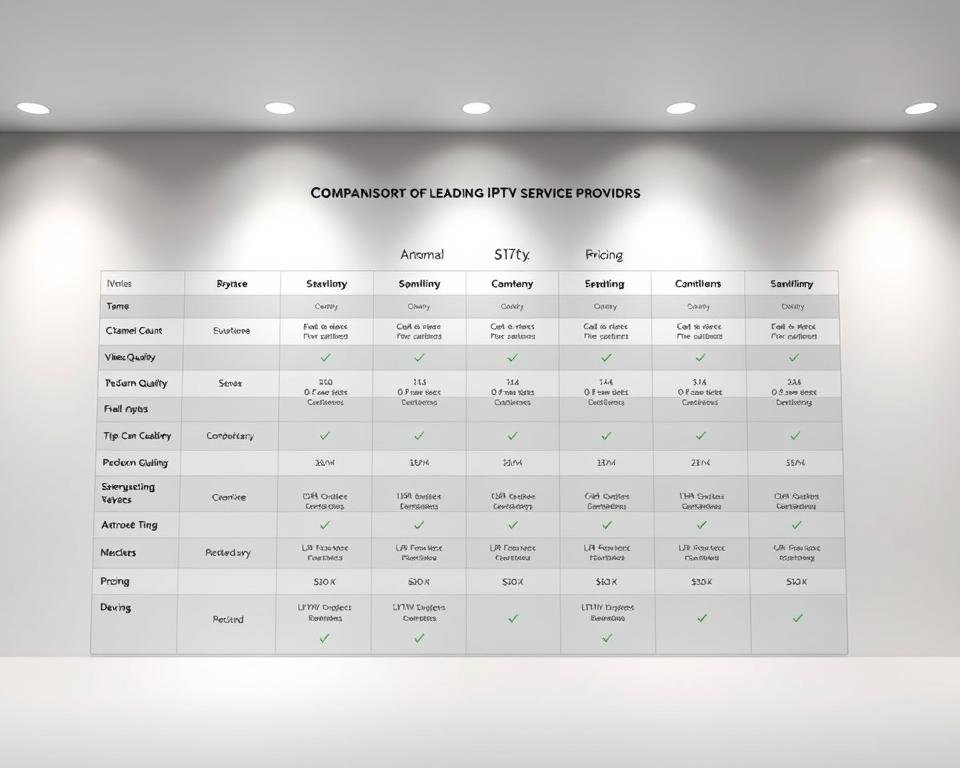 A crisp, minimalist comparison chart showcasing key details of leading IPTV service providers. Rendered in a clean, modern style with a neutral color palette. The chart layout is structured and grid-like, highlighting service features such as channel count, video quality, device compatibility, and pricing in a clear, easy-to-digest format. The overall aesthetic is professional and informative, complementing the subject matter. Bright, evenly distributed lighting illuminates the chart from multiple angles, creating depth and dimensionality. The camera angle provides a slight bird's-eye view, giving the viewer a comprehensive overview of the data presented. A crisp, minimalist comparison chart showcasing key details of leading IPTV service providers. Rendered in a clean, modern style with a neutral color palette. The chart layout is structured and grid-like, highlighting service features such as channel count, video quality, device compatibility, and pricing in a clear, easy-to-digest format. The overall aesthetic is professional and informative, complementing the subject matter. Bright, evenly distributed lighting illuminates the chart from multiple angles, creating depth and dimensionality. The camera angle provides a slight bird's-eye view, giving the viewer a comprehensive overview of the data presented.