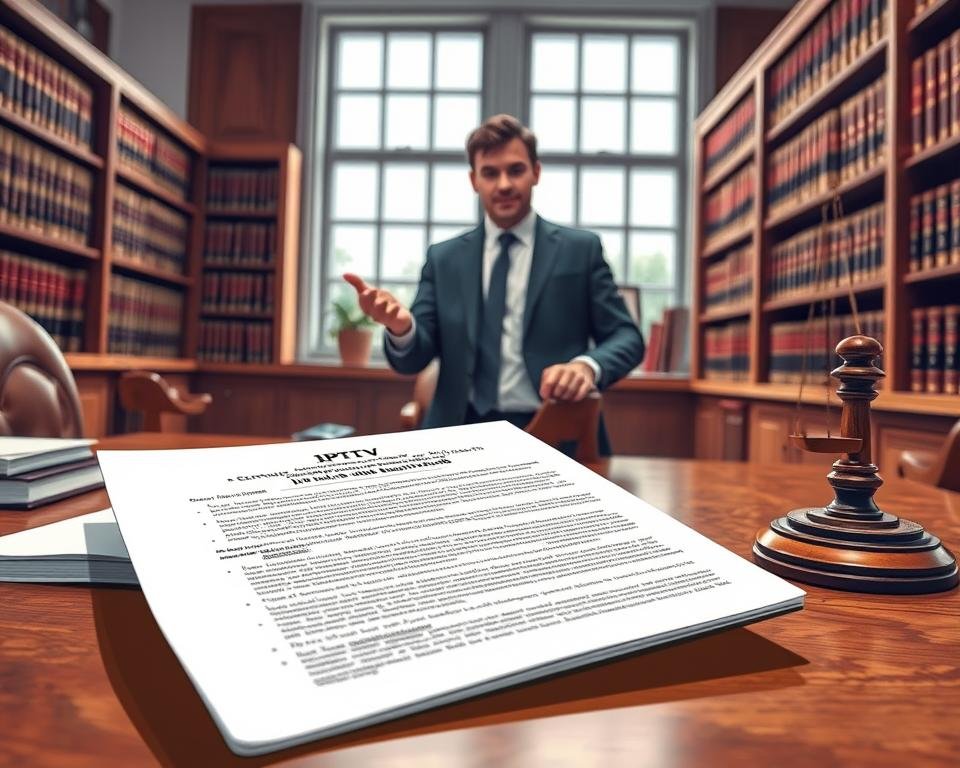 A detailed and authoritative legal illustration depicting the key considerations for IPTV usage in the USA. Set in a modern law office interior, with a large window illuminating the scene. In the foreground, a legal document with USA statutes and regulations relevant to IPTV is prominently displayed on a wooden desk. In the middle ground, a person in formal attire, presumably a lawyer, is gesturing towards the document, conveying the importance of understanding the legal landscape. The background features bookshelves filled with law volumes, suggesting the depth of research and expertise required. The overall mood is one of professionalism, legality, and attention to detail - reflecting the serious nature of the legal concerns surrounding IPTV in the USA. A detailed and authoritative legal illustration depicting the key considerations for IPTV usage in the USA. Set in a modern law office interior, with a large window illuminating the scene. In the foreground, a legal document with USA statutes and regulations relevant to IPTV is prominently displayed on a wooden desk. In the middle ground, a person in formal attire, presumably a lawyer, is gesturing towards the document, conveying the importance of understanding the legal landscape. The background features bookshelves filled with law volumes, suggesting the depth of research and expertise required. The overall mood is one of professionalism, legality, and attention to detail - reflecting the serious nature of the legal concerns surrounding IPTV in the USA.