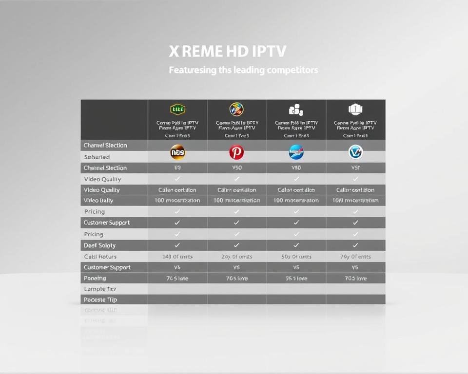 A detailed comparison chart showcasing the key features and offerings of Xtreme HD IPTV service and its leading competitors. The chart is presented on a sleek, minimalist backdrop, using a neutral color palette and clean typography to ensure maximum clarity and readability. The foreground features neatly organized data rows highlighting the comparative aspects, such as channel selection, video quality, pricing, and customer support. The middle ground displays subtle visual cues, such as IPTV service logos, to aid in identification. The background maintains a subtle, blurred gradient to maintain focus on the central chart. The overall aesthetic is professional, informative, and designed to effectively communicate the comparative strengths of the IPTV services to the reader. A detailed comparison chart showcasing the key features and offerings of Xtreme HD IPTV service and its leading competitors. The chart is presented on a sleek, minimalist backdrop, using a neutral color palette and clean typography to ensure maximum clarity and readability. The foreground features neatly organized data rows highlighting the comparative aspects, such as channel selection, video quality, pricing, and customer support. The middle ground displays subtle visual cues, such as IPTV service logos, to aid in identification. The background maintains a subtle, blurred gradient to maintain focus on the central chart. The overall aesthetic is professional, informative, and designed to effectively communicate the comparative strengths of the IPTV services to the reader.