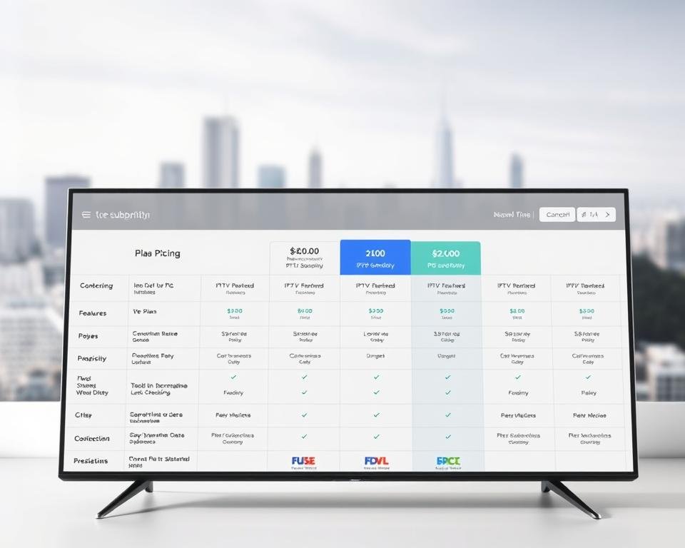 A detailed comparison of IPTV subscription plans displayed on a sleek, minimalist dashboard. In the foreground, a grid of plan options with clear pricing, features, and device compatibility details. The middle ground showcases a side-by-side comparison, highlighting key differences between plans. In the background, a subtle cityscape or abstract pattern creates a professional, technology-driven atmosphere. Crisp, high-resolution rendering with a balanced, neutral color palette and soft, directional lighting to accentuate the plan details. The overall composition conveys an informative, data-driven presentation suitable for an article on IPTV free trials and subscription plans.
