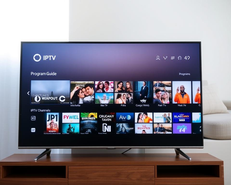 A detailed electronic program guide interface displayed on a high-definition television screen. The foreground features a clean, intuitive grid layout showcasing a selection of IPTV channel thumbnails, program titles, and air times. The middle ground incorporates sleek on-screen controls and category menus for easy navigation. The background depicts a subtle, abstract gradient in muted, calming hues that complement the modern, minimalist design. Bright, natural lighting from the television illuminates the scene, creating a crisp, inviting atmosphere. The overall composition conveys a sense of advanced functionality and user-friendly accessibility for the IPTV experience. A detailed electronic program guide interface displayed on a high-definition television screen. The foreground features a clean, intuitive grid layout showcasing a selection of IPTV channel thumbnails, program titles, and air times. The middle ground incorporates sleek on-screen controls and category menus for easy navigation. The background depicts a subtle, abstract gradient in muted, calming hues that complement the modern, minimalist design. Bright, natural lighting from the television illuminates the scene, creating a crisp, inviting atmosphere. The overall composition conveys a sense of advanced functionality and user-friendly accessibility for the IPTV experience.