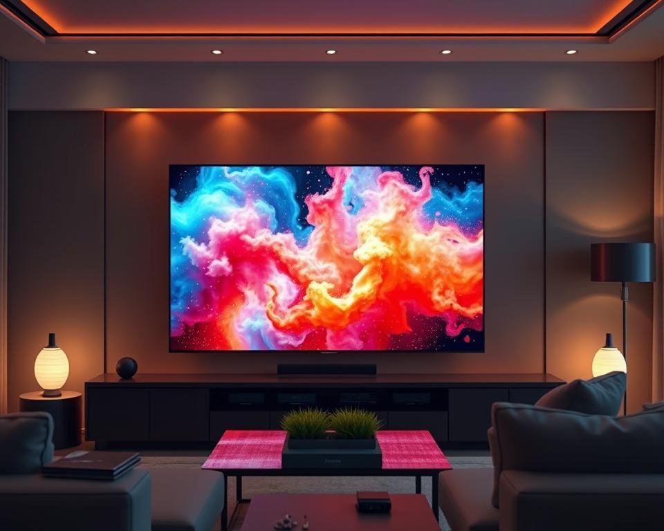 A detailed, high-quality image of IPTV streaming quality showcasing a vibrant, lifelike display with sharp resolution, accurate color representation, and smooth motion. Set in a modern home entertainment system, the frame is filled with a large flatscreen TV displaying a dynamic, crystal-clear video stream. Ambient lighting casts a warm, cinematic glow, while the sleek, minimalist design of the TV and surrounding furniture creates a refined, high-tech atmosphere. The image should convey a sense of reliable, premium-grade IPTV performance that elevates the viewing experience.