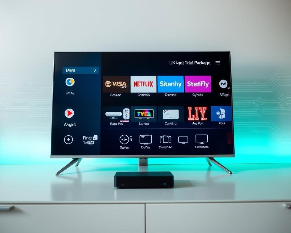 A detailed, high-quality image of the "USA IPTV trial package features" showcased against a clean, modern background. The foreground should prominently display a sleek, minimalist UI design highlighting the key features of the trial package, such as live TV channels, on-demand content, and DVR capabilities. The middle ground could include device compatibility icons, demonstrating the package's cross-platform support. The background should convey a sense of digital technology, with subtle patterns or gradients complementing the overall aesthetic. Utilize natural lighting and a slightly low camera angle to create a visually striking and informative composition. A detailed, high-quality image of the "USA IPTV trial package features" showcased against a clean, modern background. The foreground should prominently display a sleek, minimalist UI design highlighting the key features of the trial package, such as live TV channels, on-demand content, and DVR capabilities. The middle ground could include device compatibility icons, demonstrating the package's cross-platform support. The background should convey a sense of digital technology, with subtle patterns or gradients complementing the overall aesthetic. Utilize natural lighting and a slightly low camera angle to create a visually striking and informative composition.