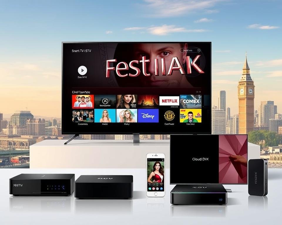 A detailed, high-quality image of the "Xtreme HD IPTV USA" service features. In the foreground, a sleek, modern user interface showcasing the service's key offerings, such as live TV channels, on-demand content, and cloud DVR. In the middle ground, various devices like smart TVs, smartphones, and streaming boxes compatibly connected to the IPTV service. In the background, a cityscape of the USA skyline, highlighting the service's local focus. The lighting is warm and natural, conveying a sense of reliable, premium quality. The overall composition is visually striking, with a clean, minimalist aesthetic that reflects the service's advanced technology and user-friendly experience.