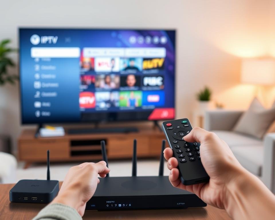 A detailed step-by-step guide for setting up an IPTV service. In the foreground, a person's hands holding a remote control and interacting with a modern smart TV interface, displaying IPTV menu options. In the middle ground, various streaming devices like a set-top box, HDMI dongle, and network router, all neatly arranged. The background features a cozy living room setting with comfortable furniture and soft, warm lighting, creating an inviting atmosphere for the IPTV setup process. The image should convey a sense of simplicity, user-friendliness, and the effortless integration of IPTV technology into the home entertainment system. A detailed step-by-step guide for setting up an IPTV service. In the foreground, a person's hands holding a remote control and interacting with a modern smart TV interface, displaying IPTV menu options. In the middle ground, various streaming devices like a set-top box, HDMI dongle, and network router, all neatly arranged. The background features a cozy living room setting with comfortable furniture and soft, warm lighting, creating an inviting atmosphere for the IPTV setup process. The image should convey a sense of simplicity, user-friendliness, and the effortless integration of IPTV technology into the home entertainment system.
