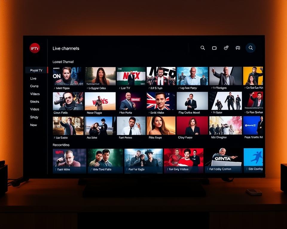 A digital interface for a USA IPTV provider, featuring a sleek and intuitive design with a dark color scheme. The main screen showcases a grid of popular live TV channels, with thumbnails and channel names displayed clearly. A sidebar menu allows easy navigation through different content categories, such as live TV, on-demand videos, and recordings. The interface is illuminated by warm, ambient lighting, creating a cozy and immersive viewing experience. The layout is well-organized, with clean lines and a minimalist aesthetic, allowing the user to focus on the content. The overall presentation conveys a sense of professionalism and reliability, reflecting the high-quality IPTV service offered.