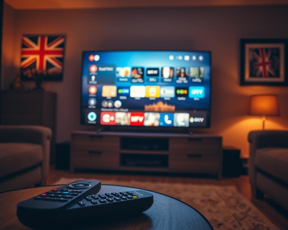 A dimly lit living room with a smart TV prominently displayed. The TV screen shows the IPTV interface, with various channel icons and options. In the foreground, a remote control is positioned on a side table, highlighting the interaction between the user and the IPTV system. The room is bathed in a warm, amber glow, creating a cozy and relaxed atmosphere. The background features subtle hints of the United States, such as a Union Jack flag or a framed landscape of a American landmark, to reinforce the context of the image. The overall composition emphasizes the legality and accessibility of IPTV services for USA Smart TV users. A dimly lit living room with a smart TV prominently displayed. The TV screen shows the IPTV interface, with various channel icons and options. In the foreground, a remote control is positioned on a side table, highlighting the interaction between the user and the IPTV system. The room is bathed in a warm, amber glow, creating a cozy and relaxed atmosphere. The background features subtle hints of the United States, such as a Union Jack flag or a framed landscape of a American landmark, to reinforce the context of the image. The overall composition emphasizes the legality and accessibility of IPTV services for USA Smart TV users.