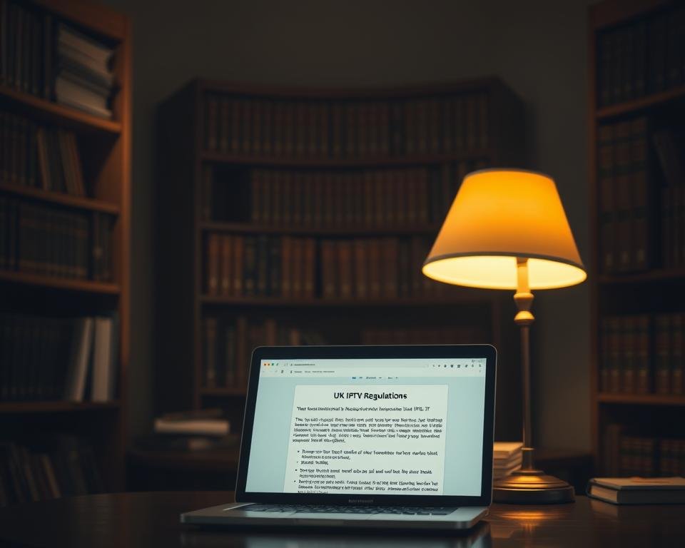 A dimly lit office interior, wooden shelves lining the walls, showcasing law books and documents. In the foreground, a laptop displays USA IPTV regulations, its screen illuminated by a warm desk lamp. The background is hazy, creating a sense of focus on the relevant legal information. Muted tones of brown and gray dominate the scene, conveying a somber, authoritative atmosphere. The lighting is subtle, casting soft shadows that add depth and drama to the composition. A dimly lit office interior, wooden shelves lining the walls, showcasing law books and documents. In the foreground, a laptop displays USA IPTV regulations, its screen illuminated by a warm desk lamp. The background is hazy, creating a sense of focus on the relevant legal information. Muted tones of brown and gray dominate the scene, conveying a somber, authoritative atmosphere. The lighting is subtle, casting soft shadows that add depth and drama to the composition.