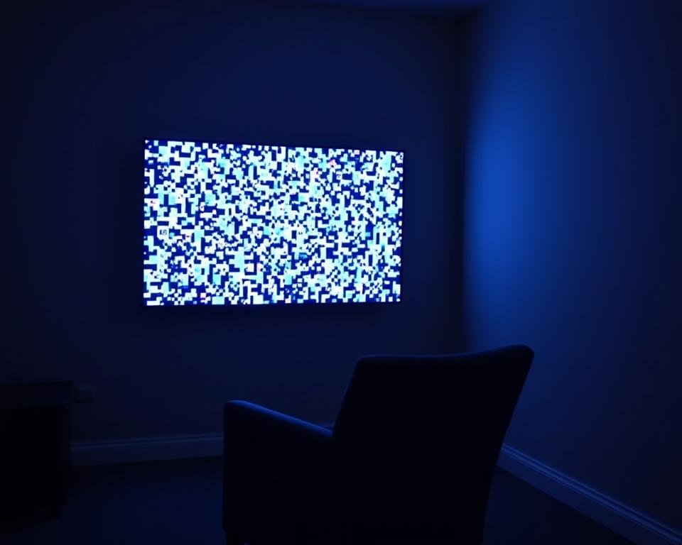 A dimly-lit room, the glow of a television screen illuminating the space. On the screen, a digital mosaic of pixelated images, indicating poor IPTV streaming quality. The room is sparsely furnished, with a single armchair facing the TV. The walls are a neutral tone, creating a sense of simplicity and focus. The lighting is soft, creating a moody atmosphere. The camera angle is slightly elevated, capturing the scene from a slightly above eye-level perspective, emphasizing the prominence of the TV screen. A dimly-lit room, the glow of a television screen illuminating the space. On the screen, a digital mosaic of pixelated images, indicating poor IPTV streaming quality. The room is sparsely furnished, with a single armchair facing the TV. The walls are a neutral tone, creating a sense of simplicity and focus. The lighting is soft, creating a moody atmosphere. The camera angle is slightly elevated, capturing the scene from a slightly above eye-level perspective, emphasizing the prominence of the TV screen.