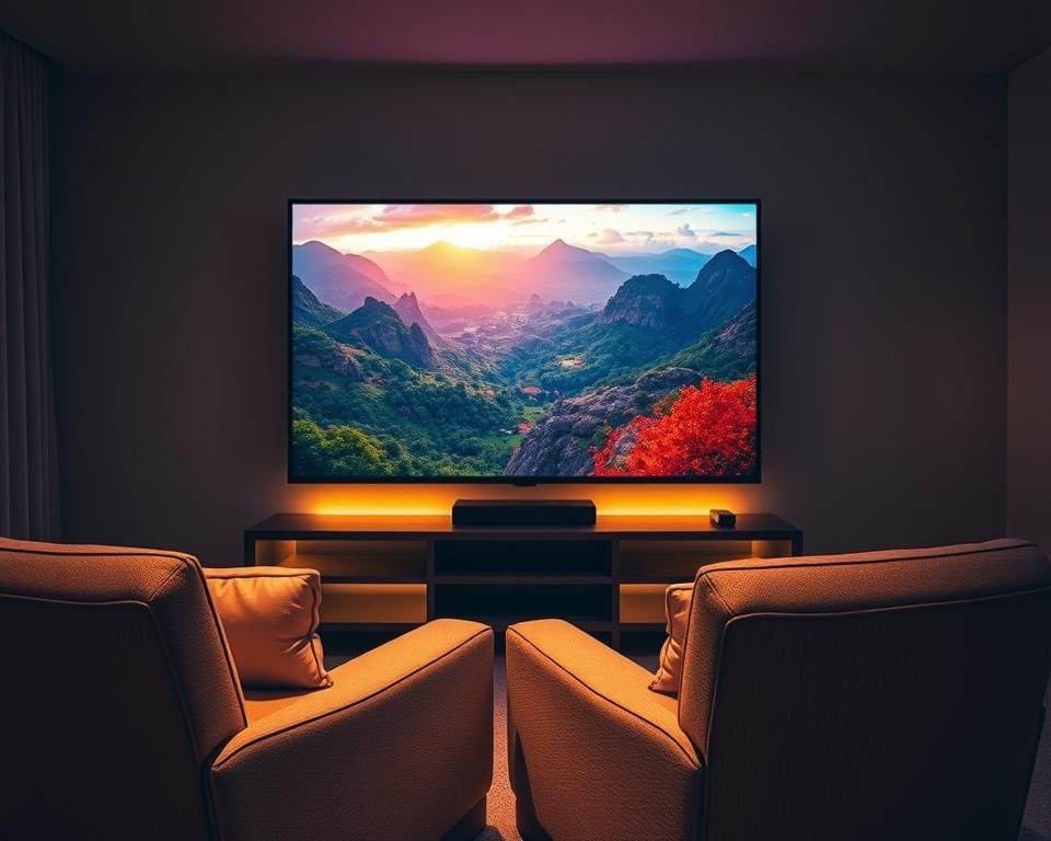 A dimly lit room with a large 4K Ultra HD television screen displaying a vibrant, high-quality IPTV stream. The screen showcases a lush, cinematic landscape with vivid colors and intricate details. Soft, warm lighting illuminates the scene, creating a cozy and immersive atmosphere. The television is placed on a sleek, modern entertainment stand, surrounded by subtle ambient lighting that enhances the viewing experience. In the foreground, a pair of comfortable, plush armchairs invite the viewer to sit back and enjoy the captivating 4K Ultra HD IPTV streaming. A dimly lit room with a large 4K Ultra HD television screen displaying a vibrant, high-quality IPTV stream. The screen showcases a lush, cinematic landscape with vivid colors and intricate details. Soft, warm lighting illuminates the scene, creating a cozy and immersive atmosphere. The television is placed on a sleek, modern entertainment stand, surrounded by subtle ambient lighting that enhances the viewing experience. In the foreground, a pair of comfortable, plush armchairs invite the viewer to sit back and enjoy the captivating 4K Ultra HD IPTV streaming.