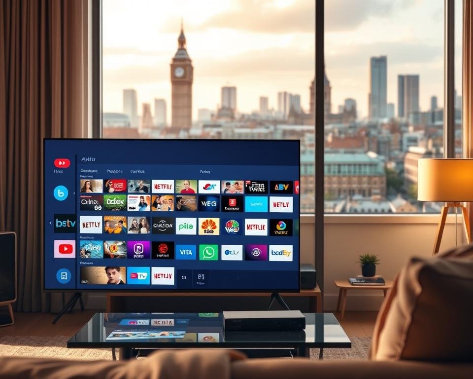 A dynamic comparison of IPTV content variety against traditional television services in the USA. In the foreground, a living room setup with a modern TV displaying a diverse array of streaming options. In the middle ground, icons representing various IPTV channels and on-demand content. In the background, a cityscape with buildings and landmarks symbolizing the traditional broadcast television infrastructure. The scene is lit by a warm, natural light, creating a cozy, inviting atmosphere. The composition emphasizes the contrast between the flexibility and content diversity of IPTV versus the more rigid, linear structure of traditional television.