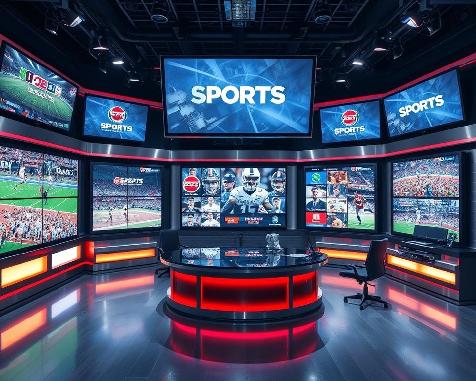 A dynamic sports broadcast studio with a wide array of screens showcasing various sports channels and logos. The scene is set in a sleek, modern environment with brushed metal accents and vibrant, saturated colors. The lighting is bright and directional, creating distinct shadows and highlights that emphasize the high-tech, professional atmosphere. The camera angle is slightly elevated, providing a comprehensive view of the setup. The screens display a diverse range of sports, reflecting the breadth of coverage available on these premium channels. The overall composition is balanced and visually striking, capturing the essence of a premier sports media hub. A dynamic sports broadcast studio with a wide array of screens showcasing various sports channels and logos. The scene is set in a sleek, modern environment with brushed metal accents and vibrant, saturated colors. The lighting is bright and directional, creating distinct shadows and highlights that emphasize the high-tech, professional atmosphere. The camera angle is slightly elevated, providing a comprehensive view of the setup. The screens display a diverse range of sports, reflecting the breadth of coverage available on these premium channels. The overall composition is balanced and visually striking, capturing the essence of a premier sports media hub.
