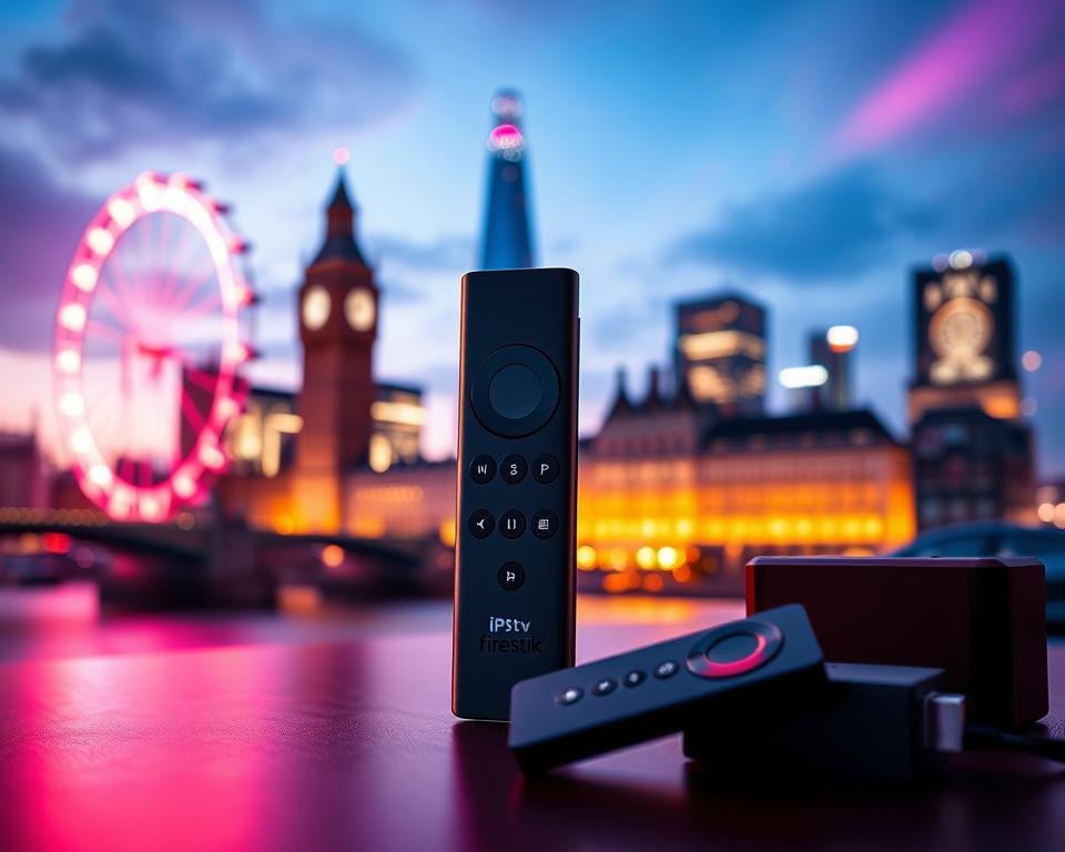 A futuristic IPTV setup with a sleek Firestick device against a backdrop of the iconic London skyline. The Firestick is showcased prominently, surrounded by cutting-edge technology and vibrant neon lights that accentuate its modern design. The scene conveys a sense of innovation and connectivity, capturing the essence of the best IPTV solutions available in the USA. Warm, cinematic lighting casts a soft glow, creating an atmosphere of comfort and entertainment. The overall composition is balanced, with a focus on the Firestick as the central element, while the cityscape in the background provides a visually striking contrast.