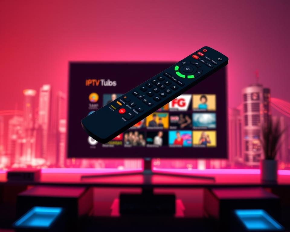 A futuristic and visually striking image of IPTV special features. In the foreground, a sleek and modern IPTV remote control hovers, its buttons glowing with vibrant colors. The middle ground depicts a crisp, high-definition display showcasing a range of IPTV services, from live TV channels to on-demand content, all rendered in a clean and minimalist interface. The background is a stylized, neon-infused cityscape, hinting at the global connectivity and advanced technology that powers the IPTV experience. The scene is illuminated by a warm, diffused lighting that creates a sense of depth and atmosphere, highlighting the cutting-edge features and seamless user experience of the IPTV system. A futuristic and visually striking image of IPTV special features. In the foreground, a sleek and modern IPTV remote control hovers, its buttons glowing with vibrant colors. The middle ground depicts a crisp, high-definition display showcasing a range of IPTV services, from live TV channels to on-demand content, all rendered in a clean and minimalist interface. The background is a stylized, neon-infused cityscape, hinting at the global connectivity and advanced technology that powers the IPTV experience. The scene is illuminated by a warm, diffused lighting that creates a sense of depth and atmosphere, highlighting the cutting-edge features and seamless user experience of the IPTV system.