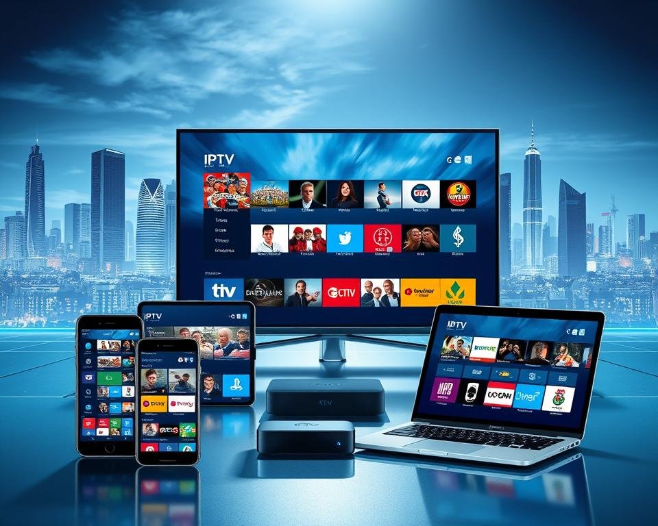 A futuristic digital landscape with various high-tech devices seamlessly displaying a diverse array of USA IPTV channels. The scene features a sleek, minimalist design with a cool, vibrant color palette. In the foreground, a cutting-edge smartphone, tablet, and smart TV are positioned prominently, their screens showcasing a vibrant selection of popular US channels. The middle ground showcases a laptop and streaming box, further highlighting the device compatibility. In the background, a stunning cityscape with skyscrapers and a futuristic skyline sets the scene, emphasizing the modern, technology-driven nature of IPTV. The lighting is crisp, directional, and dramatic, casting shadows that accentuate the smooth, angular forms of the devices. The overall atmosphere conveys a sense of innovation, connectivity, and the seamless integration of IPTV across multiple platforms.