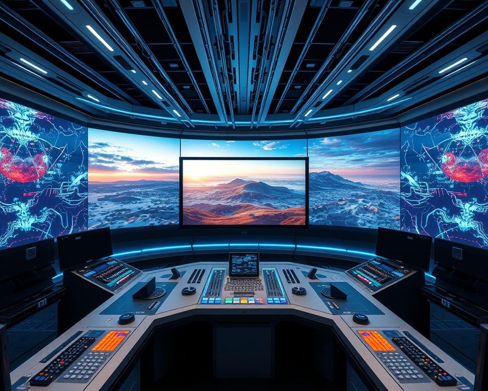 A futuristic high-tech control room, with a sprawling array of holographic displays showcasing a mesmerizing real-time IPTV feed. The center screen displays a stunning 8K HDR landscape, with vivid colors, crisp details, and buttery-smooth motion. Sleek silver and black consoles flank the display, adorned with a grid of dials, switches, and touchpads. Overhead, a network of fiber optic cables crisscross the ceiling, bathing the room in a cool blue glow. The atmosphere is one of cutting-edge technology, precision, and the pinnacle of digital entertainment. A futuristic high-tech control room, with a sprawling array of holographic displays showcasing a mesmerizing real-time IPTV feed. The center screen displays a stunning 8K HDR landscape, with vivid colors, crisp details, and buttery-smooth motion. Sleek silver and black consoles flank the display, adorned with a grid of dials, switches, and touchpads. Overhead, a network of fiber optic cables crisscross the ceiling, bathing the room in a cool blue glow. The atmosphere is one of cutting-edge technology, precision, and the pinnacle of digital entertainment.