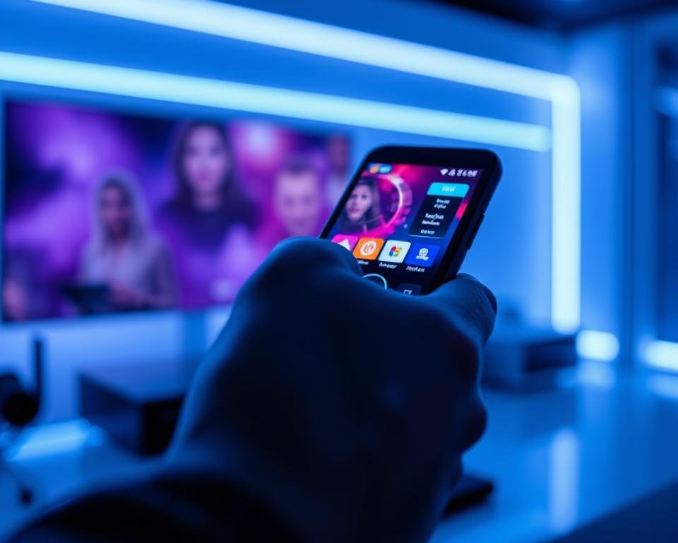 A high-contrast, cinematic image of a person's hand holding a remote control or smartphone, with a colorful, futuristic IPTV interface displayed on the device's screen. The scene is bathed in cool, blue-tinted lighting, creating a sleek, modern atmosphere. The background is blurred, with hints of a minimalist, high-tech setting. The composition emphasizes the ease and accessibility of accessing a free IPTV trial in the USA, conveying a sense of excitement and discovery.