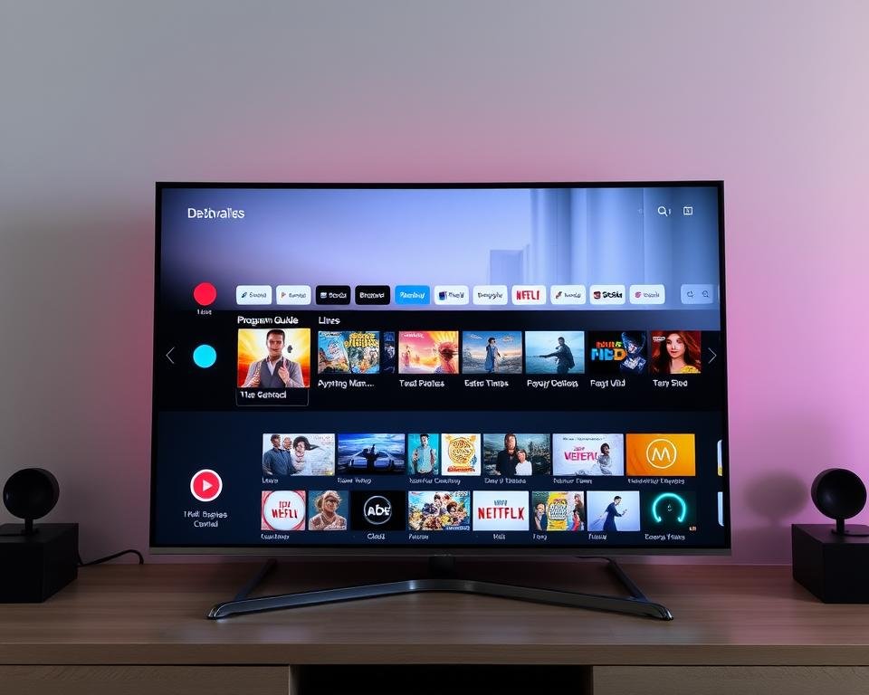 A high-definition IPTV interface with a sleek, modern design. The foreground features a clean, intuitive dashboard with crisp icons and vibrant colors, showcasing the user's personalized content selection. In the middle ground, a detailed program guide displays a wide range of live and on-demand channels, with seamless navigation and smooth transitions. The background encompasses a subtle, elegant gradient that creates a sense of depth and sophistication, complementing the overall interface. The lighting is natural and evenly distributed, highlighting the interface's clarity and responsiveness. The camera angle is slightly elevated, providing a comprehensive view of the user-friendly layout and the engaging multimedia experience. A high-definition IPTV interface with a sleek, modern design. The foreground features a clean, intuitive dashboard with crisp icons and vibrant colors, showcasing the user's personalized content selection. In the middle ground, a detailed program guide displays a wide range of live and on-demand channels, with seamless navigation and smooth transitions. The background encompasses a subtle, elegant gradient that creates a sense of depth and sophistication, complementing the overall interface. The lighting is natural and evenly distributed, highlighting the interface's clarity and responsiveness. The camera angle is slightly elevated, providing a comprehensive view of the user-friendly layout and the engaging multimedia experience.