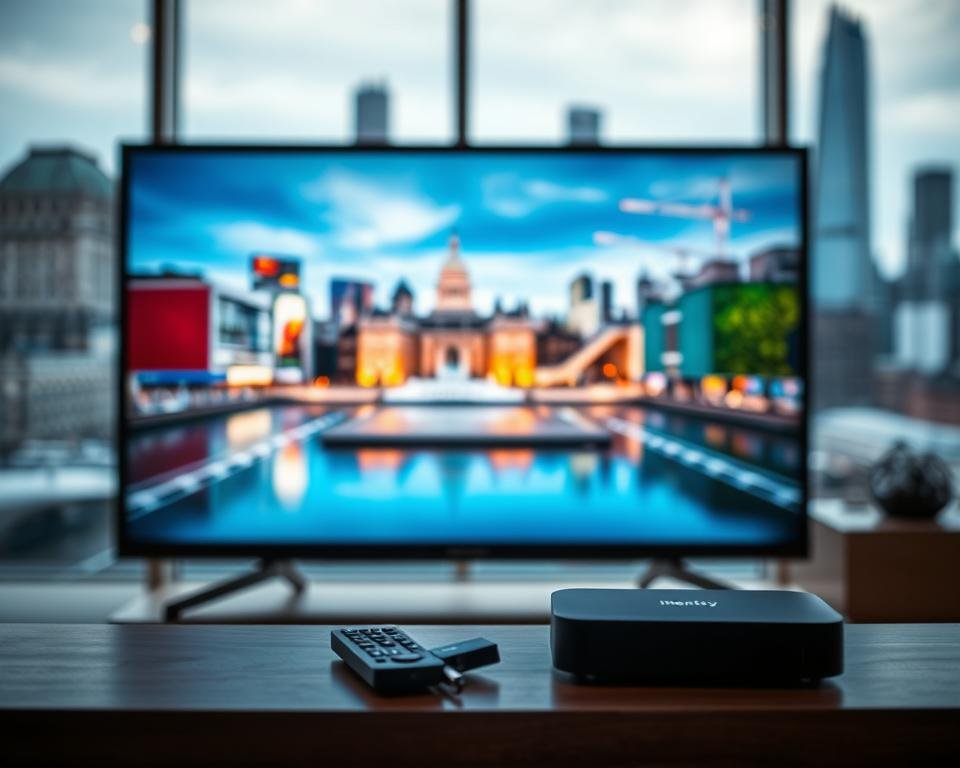 A high-definition digital display showcases the premium quality of IPTV streaming in the USA. In the foreground, a sleek, modern television set displays crystal-clear video with vibrant colors and deep contrast. Surrounding the screen, a minimalist black frame and a subtle glow of soft lighting create a sense of elevated sophistication. In the middle ground, a remote control and a streaming device hint at the seamless integration of technology. The background features a blurred cityscape, hinting at the boundless access to content and the convenience of on-demand viewing from the comfort of one's home. A high-definition digital display showcases the premium quality of IPTV streaming in the USA. In the foreground, a sleek, modern television set displays crystal-clear video with vibrant colors and deep contrast. Surrounding the screen, a minimalist black frame and a subtle glow of soft lighting create a sense of elevated sophistication. In the middle ground, a remote control and a streaming device hint at the seamless integration of technology. The background features a blurred cityscape, hinting at the boundless access to content and the convenience of on-demand viewing from the comfort of one's home.