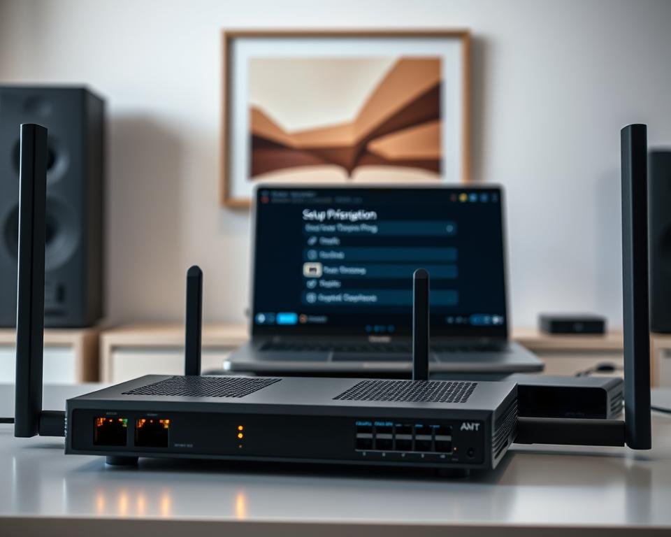 A high-definition streaming setup guide with a sleek, modern aesthetic. In the foreground, a high-end router and network switch sit on a minimalist desk, their LED indicators casting a soft glow. In the middle ground, a laptop and streaming device are positioned, their screens displaying setup instructions and configuration options. The background features a clean, minimalist wall with tasteful artwork, creating a serene and professional atmosphere. Soft, indirect lighting illuminates the scene, emphasizing the high-quality components and crisp, clear visuals. The overall composition conveys a sense of technological sophistication and ease of use, perfectly suited for guiding new users through the setup process. A high-definition streaming setup guide with a sleek, modern aesthetic. In the foreground, a high-end router and network switch sit on a minimalist desk, their LED indicators casting a soft glow. In the middle ground, a laptop and streaming device are positioned, their screens displaying setup instructions and configuration options. The background features a clean, minimalist wall with tasteful artwork, creating a serene and professional atmosphere. Soft, indirect lighting illuminates the scene, emphasizing the high-quality components and crisp, clear visuals. The overall composition conveys a sense of technological sophistication and ease of use, perfectly suited for guiding new users through the setup process.