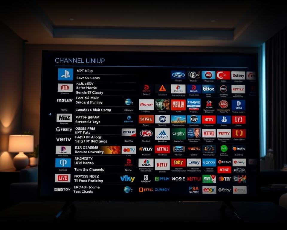 A high-definition, ultra-detailed channel lineup guide for Xtreme HD IPTV service. The foreground features a crisp, legible on-screen display showcasing a comprehensive list of channels organized by category, with clear icons and logos. The middle ground depicts a living room setting with a large flatscreen television, evoking a premium home entertainment experience. The background is a softly-lit, modern interior design with minimalist decor, creating a sleek and sophisticated atmosphere. Dramatic, cinematic lighting casts dramatic shadows and highlights the on-screen content. The overall mood is one of advanced technology, premium quality, and elevated digital entertainment. A high-definition, ultra-detailed channel lineup guide for Xtreme HD IPTV service. The foreground features a crisp, legible on-screen display showcasing a comprehensive list of channels organized by category, with clear icons and logos. The middle ground depicts a living room setting with a large flatscreen television, evoking a premium home entertainment experience. The background is a softly-lit, modern interior design with minimalist decor, creating a sleek and sophisticated atmosphere. Dramatic, cinematic lighting casts dramatic shadows and highlights the on-screen content. The overall mood is one of advanced technology, premium quality, and elevated digital entertainment.