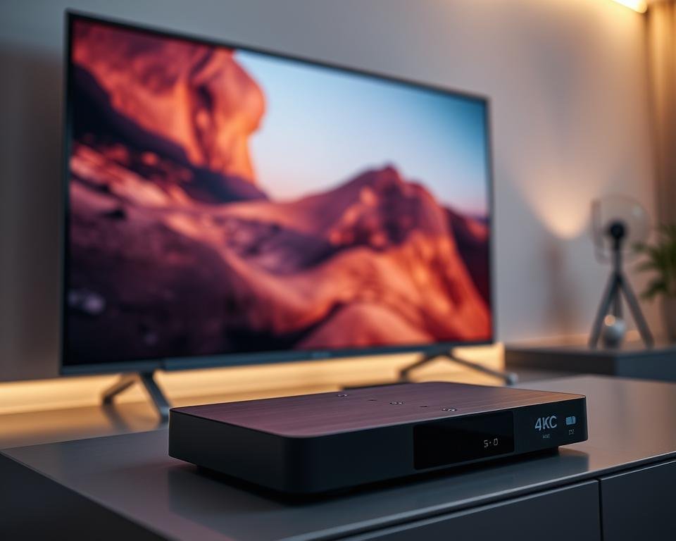 A high-definition video streaming setup, captured in a sleek, modern environment. In the foreground, a cutting-edge 4K television displays a vibrant, crystal-clear image, its screen reflecting the warm, soft lighting from overhead. In the middle ground, a state-of-the-art media streaming device, with clean lines and a minimalist design, sits atop a minimalist entertainment console, ready to deliver the ultimate streaming experience. The background features a neutral-toned wall, accentuated by subtle ambient lighting, creating a sense of depth and sophistication. The overall scene conveys a seamless, high-quality streaming setup, perfectly suited for an immersive, cinematic viewing experience. A high-definition video streaming setup, captured in a sleek, modern environment. In the foreground, a cutting-edge 4K television displays a vibrant, crystal-clear image, its screen reflecting the warm, soft lighting from overhead. In the middle ground, a state-of-the-art media streaming device, with clean lines and a minimalist design, sits atop a minimalist entertainment console, ready to deliver the ultimate streaming experience. The background features a neutral-toned wall, accentuated by subtle ambient lighting, creating a sense of depth and sophistication. The overall scene conveys a seamless, high-quality streaming setup, perfectly suited for an immersive, cinematic viewing experience.