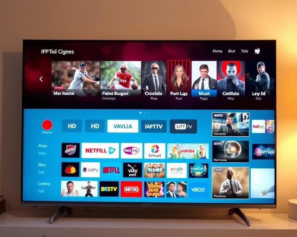 A high-quality IPTV service showcasing a diverse array of premium TV channels, with a clean and elegant user interface displayed on a sleek, modern smart TV. The screen shows a wide selection of HD channels spanning various genres, from live sports events to the latest blockbuster movies, all rendered with exceptional clarity and vibrant colors. The scene is lit with a warm, ambient glow, creating a sophisticated and inviting atmosphere for the discerning viewer to immerse themselves in a premium entertainment experience. A high-quality IPTV service showcasing a diverse array of premium TV channels, with a clean and elegant user interface displayed on a sleek, modern smart TV. The screen shows a wide selection of HD channels spanning various genres, from live sports events to the latest blockbuster movies, all rendered with exceptional clarity and vibrant colors. The scene is lit with a warm, ambient glow, creating a sophisticated and inviting atmosphere for the discerning viewer to immerse themselves in a premium entertainment experience.
