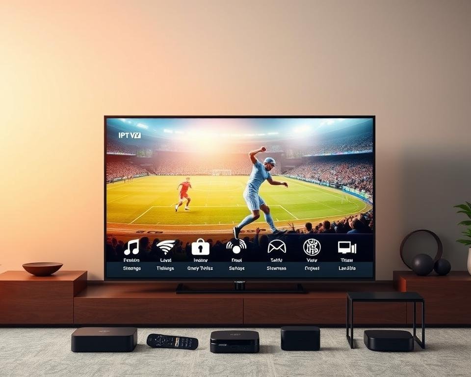 A high-quality IPTV service with a sleek, modern interface and crisp, high-definition video playback. The foreground features a large smart TV displaying a vibrant, crystal-clear image of a live sports event, surrounded by a minimalist, streamlined control panel. The middle ground showcases various streaming device icons, each representing seamless connectivity and compatibility across platforms. In the background, a subtle, gradient-based city skyline creates a sense of urban sophistication, complementing the advanced technological theme. Warm, natural lighting casts a gentle glow, enhancing the overall premium quality and performance of the IPTV service.