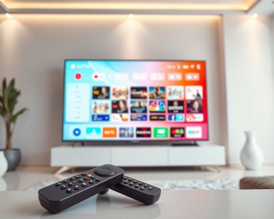 A high-quality IPTV service with a sleek user interface, showcasing a diverse range of live TV channels, on-demand content, and seamless streaming capabilities. The image should depict a modern, minimalist living room setup, with a large flat-screen TV prominently displayed, showcasing a vibrant, crystal-clear image. The foreground should feature a stylish remote control and a subscription package or service details, while the background should showcase a clean, contemporary design, with subtle lighting accents and a sense of depth and perspective. The overall mood should convey a premium, reliable, and user-friendly IPTV experience.