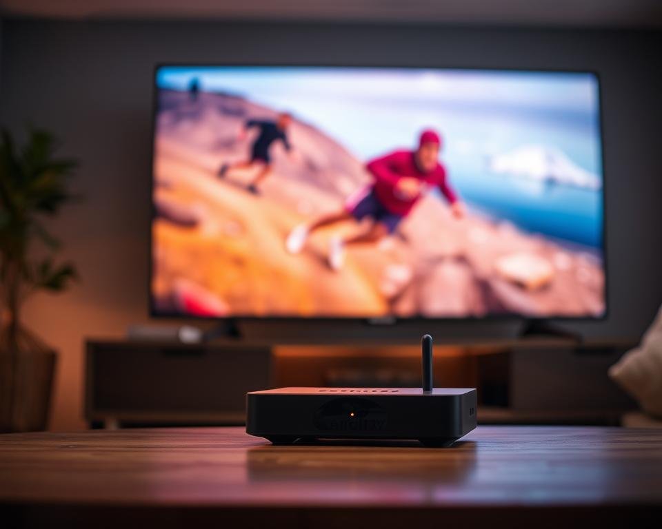 A high-quality IPTV streaming experience with exceptional resolution and frame rate. The foreground depicts a television screen displaying crystal-clear video, showcasing vibrant colors, sharp details, and smooth motion. In the middle ground, a sleek, modern streaming device with minimalist design sits prominently, symbolizing the seamless integration of IPTV technology. The background features a dimly lit, cozy living room setting, with warm lighting and subtle ambient textures, creating a comfortable and immersive viewing environment. The overall scene conveys a sense of technological sophistication, visual fidelity, and enjoyment associated with IPTV streaming.