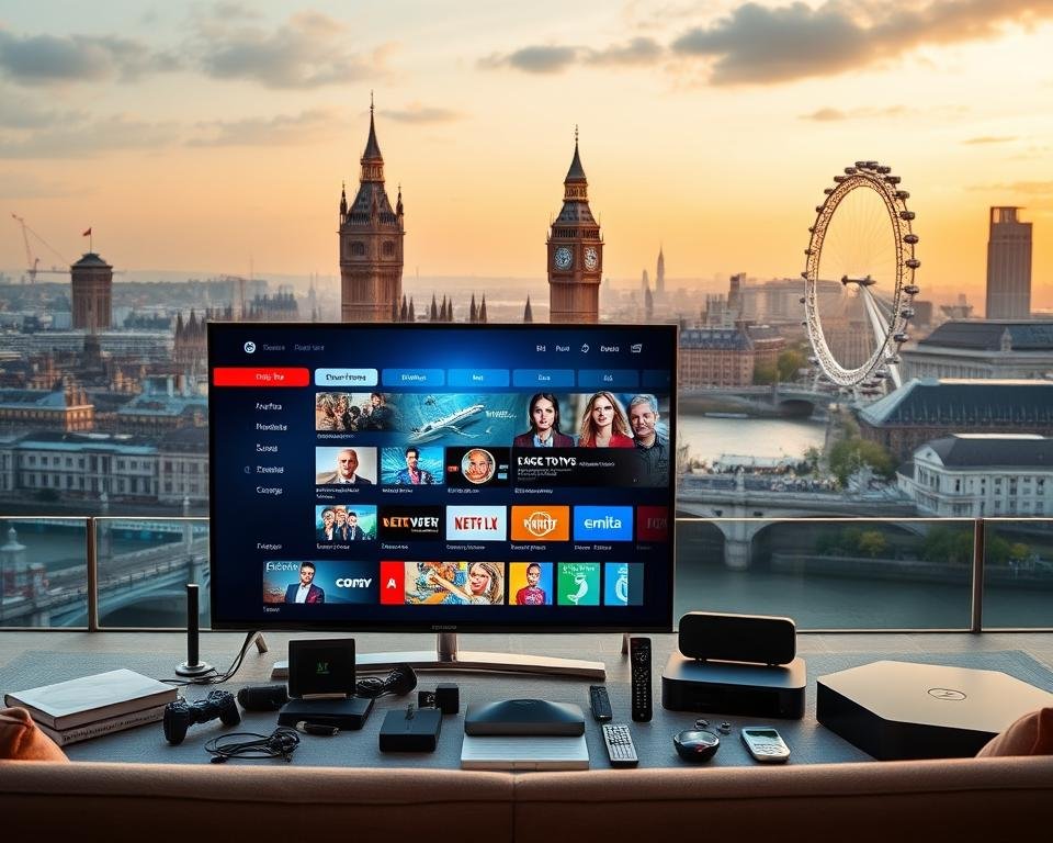 A high-quality IPTV streaming service in the USA, showcased against a backdrop of the iconic American skyline. The foreground features a sleek, modern smart TV displaying a vibrant, crystal-clear IPTV interface with a wide selection of live TV channels and on-demand content. The middle ground includes various smart devices, remote controls, and accessories associated with IPTV, all expertly arranged to convey the convenience and versatility of the service. The background depicts a panoramic view of the London cityscape, with landmarks like the Big Ben clock tower and the London Eye Ferris wheel, bathed in a warm, golden hour lighting that creates a sense of prestige and sophistication. The overall composition highlights the best-in-class IPTV experience tailored for the USA market.
