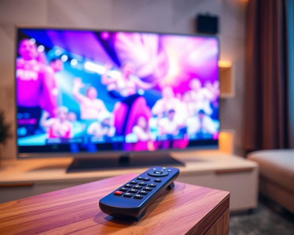 A high-quality USA IPTV streaming setup displayed on a sleek, modern TV screen. The image showcases a vibrant, crystal-clear video feed with rich colors and sharp details, reflecting the exceptional video quality. In the foreground, a sophisticated remote control with intuitive controls sits on a minimalist, wood-grain media console. The background features a cozy living room ambiance, with warm lighting and a stylish, contemporary decor that complements the premium IPTV experience. The overall scene conveys a sense of comfort, convenience, and technological sophistication for the discerning USA viewer.